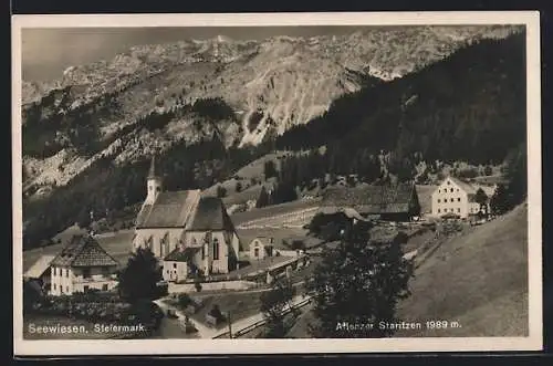 AK Seewiesen /Steiermark, Ortspartie mit Kirche und Aflenzer Staritzen
