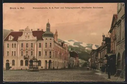 AK Bruck a. Mur, Bismarckstrasse mit Post und Sparkasse
