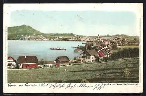 AK Gmunden, Gesamtansicht mit Wasser- und Bergblick