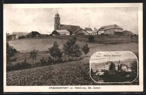 AK Pfarrkirchen /Mühlkreis, Panorama des Ortes, Schloss Altenhof