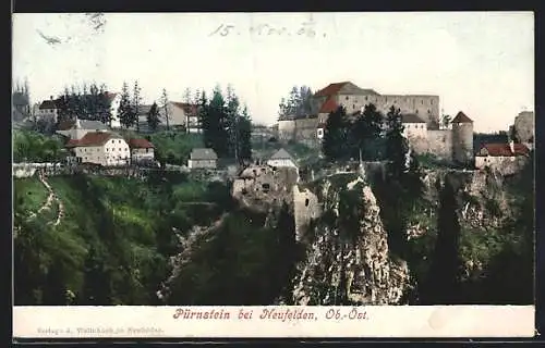 AK Pürnstein bei Neufelden, Ortsansicht mit Ruinenfelsen aus der Vogelschau