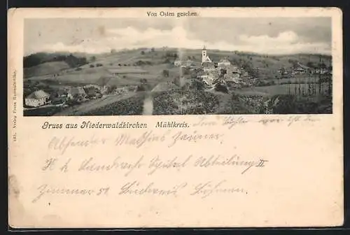 AK Niederwaldkirchen /Mühlkreis, Gesamtansicht mit Landschaftsblick, von Osten gesehen