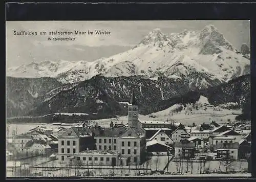 AK Saalfelden, winterliche Panoramaansicht mit steinernen Meer