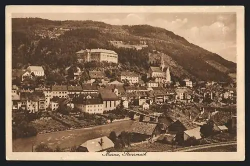 AK Murau, Ortsansicht mit Fluss und Brücke aus der Vogelschau