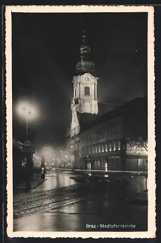 AK Graz, Stadtpfarrkirche bei Nacht