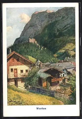 Künstler-AK Werfen, alte Bauernhäuser im Gebirge
