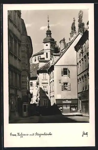 AK Graz, Hofgasse mit Stiegenkirche und Strumpfgeschäft