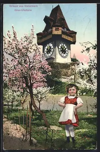 AK Graz, Uhrturm mit Dirndlmädchen im Frühling