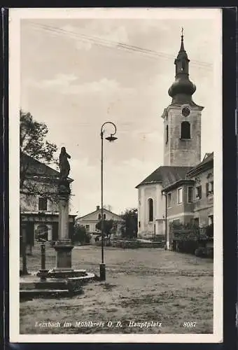 AK Lembach im Mühlkreis, Hauptplatz mit Kirche und Säulendenkmal