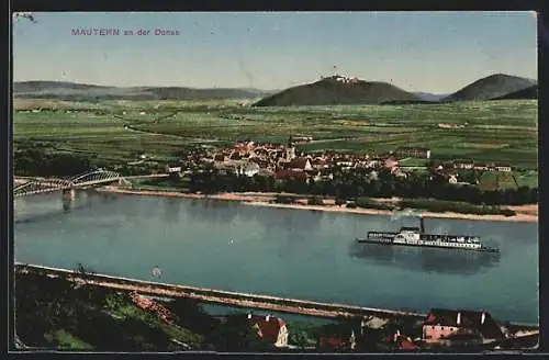 AK Mautern an der Donau, Teilansicht mit Kirche und Dampfer
