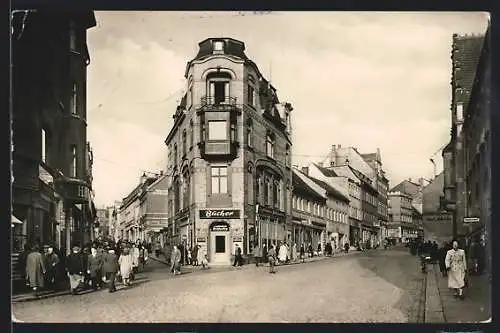 AK Reichenbach /Vogtl., Zenkergasse und Zwickauer Strasse mit Geschäften