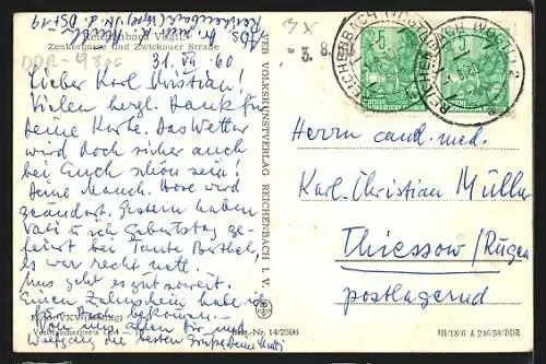 AK Reichenbach /Vogtl., Zenkergasse und Zwickauer Strasse mit Geschäften