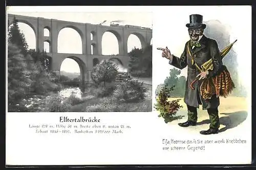 AK Jössnitz, Fritze Bliemchen zeigt auf die Elstertalbrücke