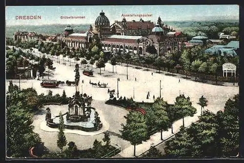 AK Dresden, Stübelbrunnen am Stübelplatz, Ausstellungspalast, Strassenbahn