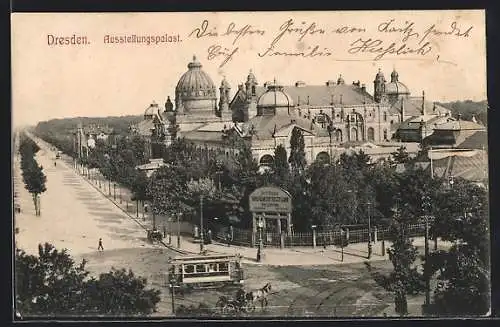 AK Dresden, Ausstellungspalast mit Strassenbahn