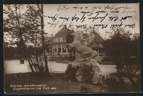 AK München, Ausstellungspark, Hauptrestaurant vom Park aus