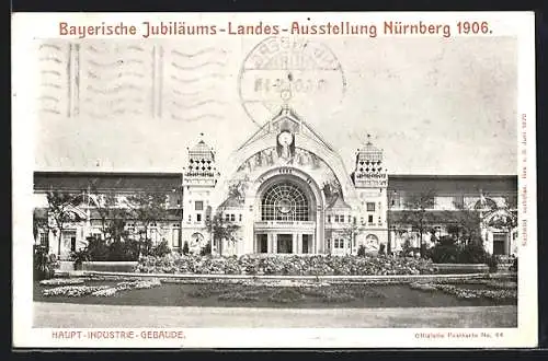 AK Nürnberg, Bayerische Jubiläums-Landes-Ausstellung 1906, Haupt-Industrie-Gebäude mit Rabatten