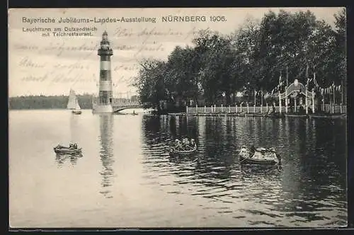AK Nürnberg, Bayerische Jubiläums-Landes-Ausstellung 1906 - Leuchtturm am Dutzendteich mit Teichrestaurant