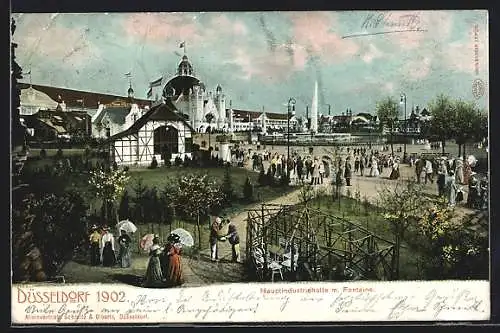 AK Düsseldorf, Industrie- u. Gewerbeausstellung 1902, Hauptindustriehalle mit Fontaine