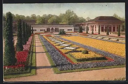 AK Dresden, Jubiläums-Gartenbau-Ausstellung 1926, grosse Schmuckanlage am Haupteingang