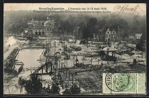 AK Bruxelles, Exposition 1910, panorama de Bruxelles-Kermesse aprés les ravages du feu