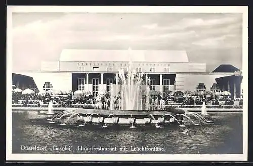 AK Düsseldorf, Gesolei Ausstellung 1926, Hauptrestaurant mit Leuchtfontäne
