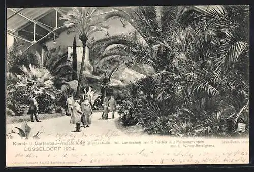 AK Düsseldorf, Kunst- u. Gartenbau-Ausstellung 1904, Blumenhalle, Ital. Landschaft von G. Hacker mit Palmengruppen