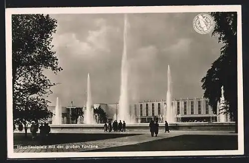 AK Düsseldorf-Schlageterstadt, Grosse Reichsausstellung Schaffendes Volk 1937, Hauptfestplatz mit Fontäne