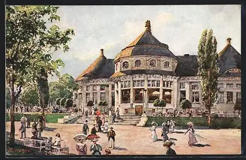 Künstler-AK München, Bayrische Gewerbeschau-Ausstellung 1912, Blick zum Hauptrestaurant