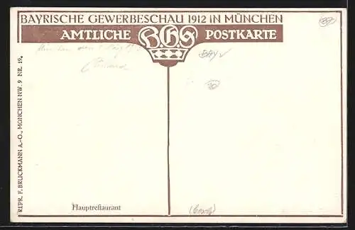 Künstler-AK München, Bayrische Gewerbeschau-Ausstellung 1912, Blick zum Hauptrestaurant