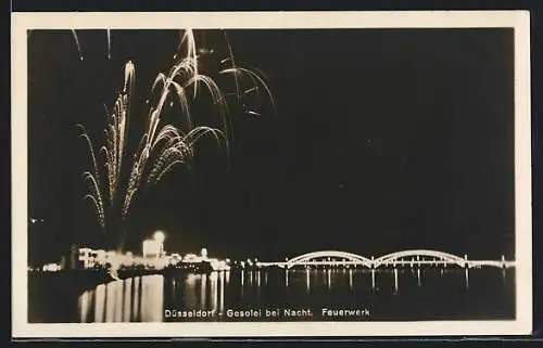 AK Düsseldorf, Gesolei bei Nacht mit Feuerwerk, Ausstellung