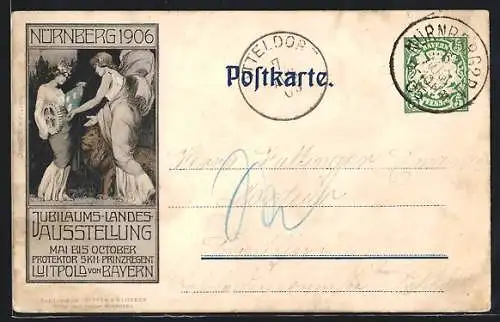 Künstler-AK Nürnberg, Jubiläums-Landes-Ausstellung 1906, Zwei Frauen mit Zahnrad, Wappen und Löwen