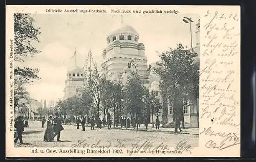 AK Düsseldorf, Industrie- und Gewerbe-Ausstellung 1902, Hauptstrasse mit Ausstellungshalle