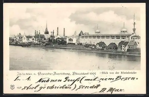 AK Düsseldorf, Industrie- und Gewerbe-Ausstellung 1902, Blick von der Rheinbrücke mit Ausstellungshalle