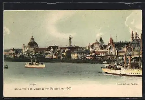 AK Düsseldorf, Düsseldorfer Ausstellung 1902, Ausstellungshalle mit Kanonenboot Panther und Sleipner