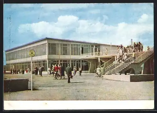 AK Erfurt, 1. Internationale Gartenbauausstellung der sozialistischen Länder 1961, Hauptgaststätte mit Rendevousbrücke