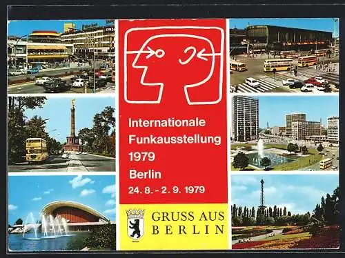 AK Berlin, Internationale Funkausstellung 1979, Funkturm mit Sommergarten, Siegessäule, Haus der Kulturen der Welt