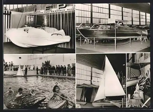 AK Berlin, Wassersport und Wochenende-Ausstellung 1958, Reise, Camping u. Wandern, 4 Ansichten
