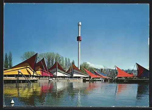 AK Lausanne, Exposition nationale suisse 1964, Le port et la tour Spiral
