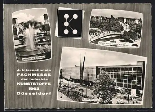 AK Düsseldorf, Internationale Fachmesse der Industrie 1963, Europahalle u. Aluminiumbrücke, Haupt-Eingang