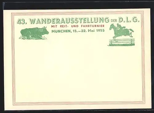 AK München, 43. Wanderausstellung der D. L. G. 1955, Kuh und Springreiter