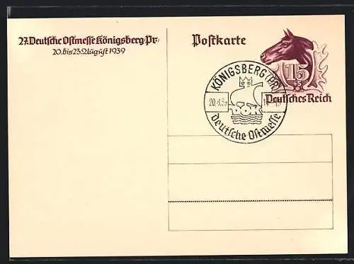 AK Königsberg /Pr., Deutsche Ostmesse 1939, Briefmarke mit Reitpferd, Ganzsache