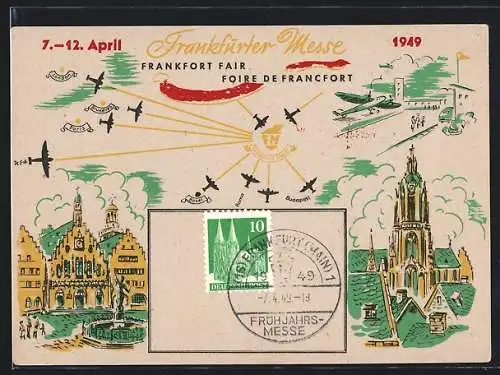 AK Frankfurt a. M., Frankfurter Messe 1949, Stadtmotive und Flugzeuge