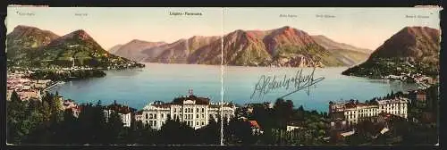 Klapp-AK Lugano, Hotel Weisses Kreuz, Panorama mit den Bergen Monte Brè, Monte Generoso