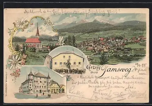 Lithographie Tamsweg, Gasthaus und Fleischhauerei, Kirche St. Leonhard