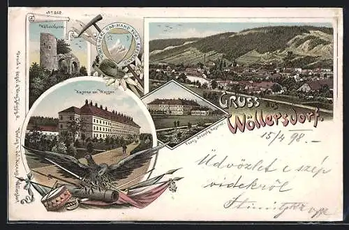 Lithographie Wöllersdorf, Totalansicht aus der Vogelschau, Franz Joseph Kaserne, Kaserne am Wasser