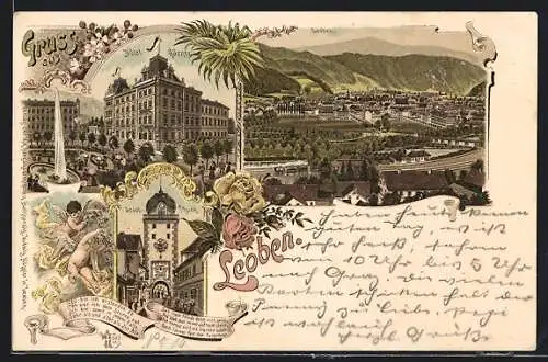 Lithographie Leoben, Hotel Gärner, Stadtturm, Panorama