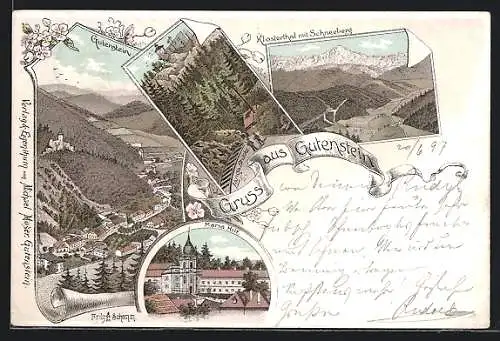 Lithographie Gutenstein, Kloster Maria Hilf, Klosterthal und Schneeberg