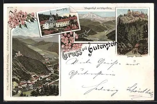 Lithographie Gutenstein, Klosterthal mit Schneeberg, Lange Brücke, Maria Hilf