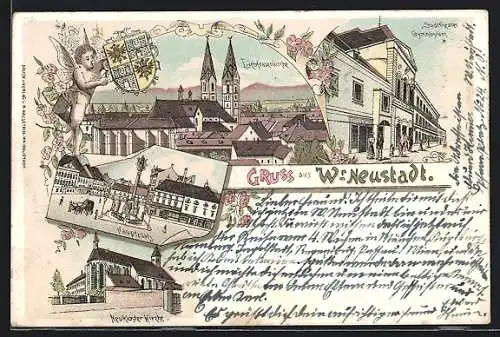 Lithographie Wr.-Neustadt, Stadttheater, Gymnasium, Liebfrauenkirche, Hauptplatz, Neukloster-Kirche